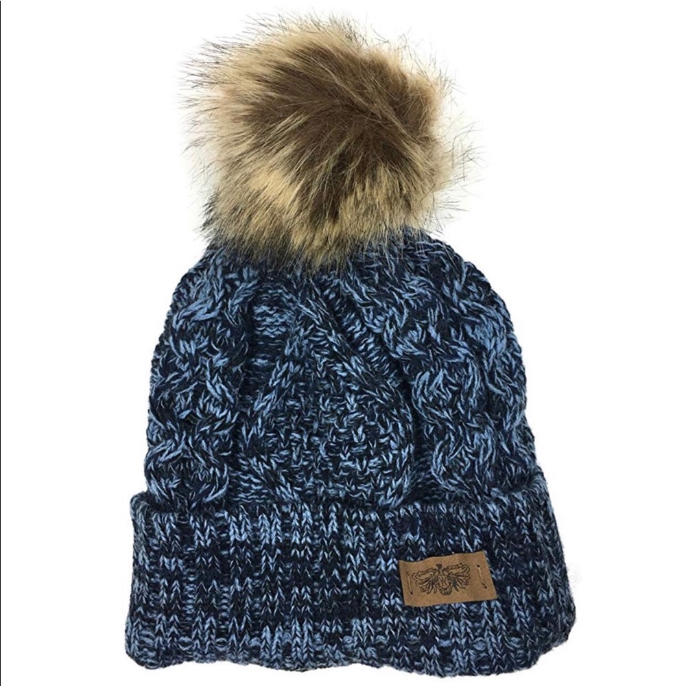 Knit Beanie with Faux Fur Pom Pom & Fleece Lining - Picture 1 of 2